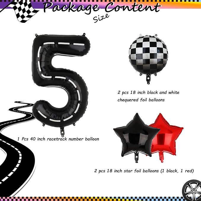 Race Car Birthday Balloons 40 Inch Racetrack Number Balloon 5 Black Boys 5st Birthday Race Car Theme Party Decor Supplies 5 Pcs