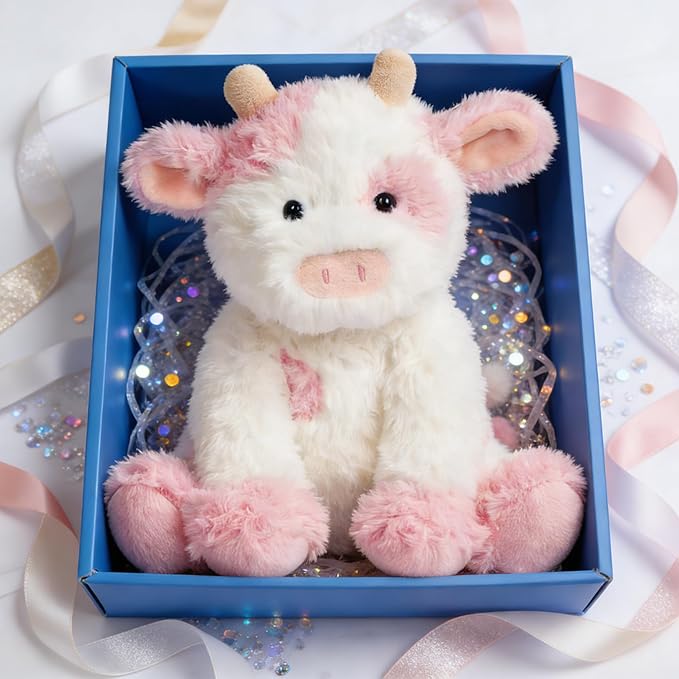 Hopearl Adorable Plush Cow Toy Floppy Dairy Cattle Soft Stuffed Animal Cute Birthday Gifts for Boys Girls Kids Toddlers, Pink, 9''