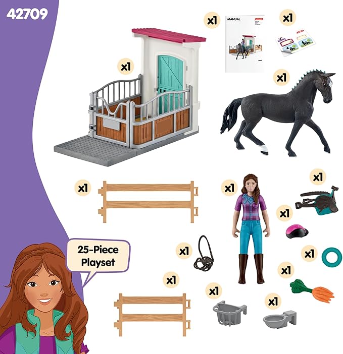 Schleich Horse Club - 25 PC Lisa and Storm Horse Toy Stall Playset with Accessories - Customizable Stable Name Tag - Realistic, Posable Rider and Pony Toys for Girls and Boys - Kids Ages 5+ - 42709