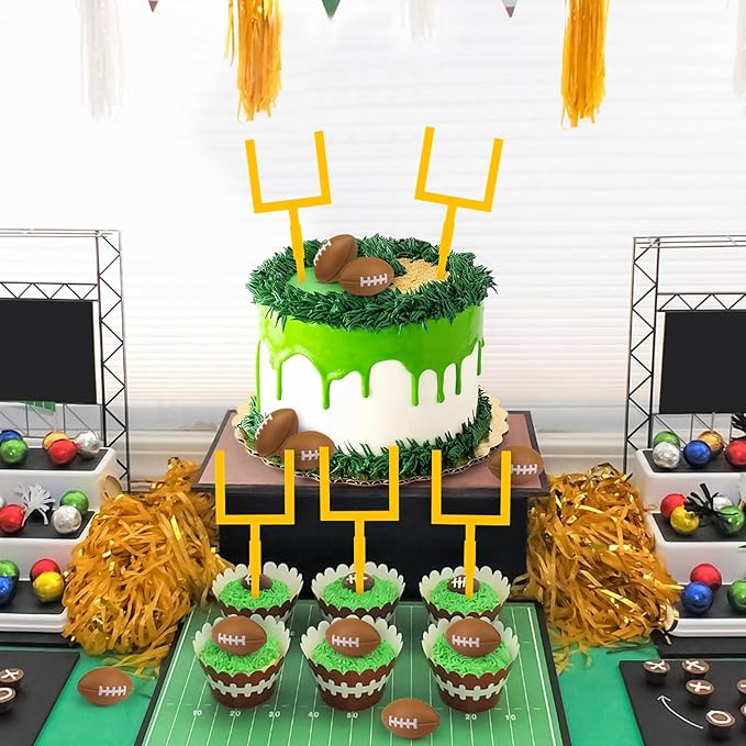 Hooqict 12Pcs Football Cake Decorations Set with Mini Football Goal Post Cake Toppers & Cupcake Toppers for Sport Theme Game Day Decorations Tailgate Party Supplies