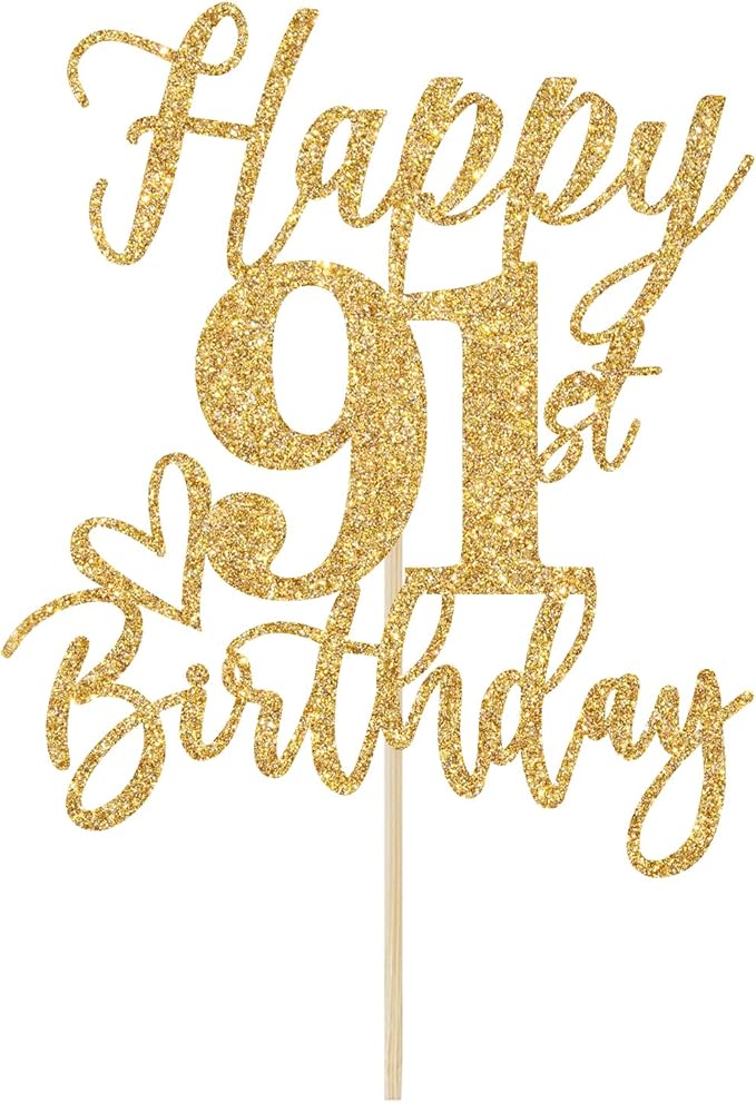 Happy 91st Birthday Cake Topper, Birthday Decorations for Men/Women, Cheers to 91 Years, Hello 91, Party Supplies Gold Glitter