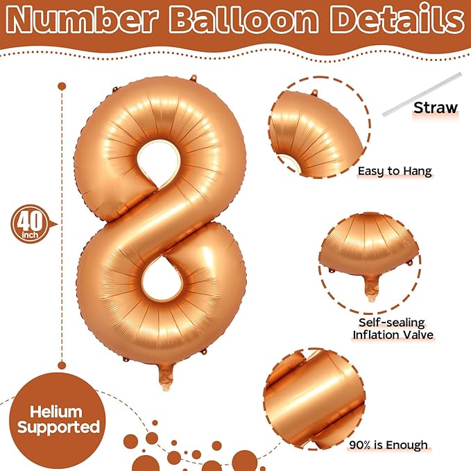 Foil 8th Birthday Number Balloon, Large Orange Helium 8 Balloons Decor, 40 Inch Self Inflating Number 8 Balloons for Kids Boys Birthday Party Anniversary Celebration Wedding Party Decorations Supplies