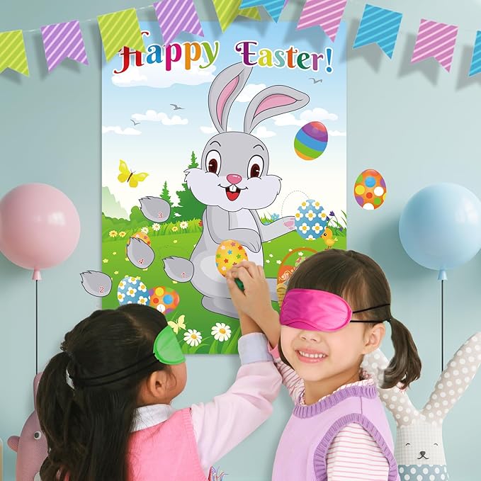 PLULON Easter Pin Game for Kids Pin The Tail on The Bunny Pin Easter Egg on Rabbit Stickers Large Poster Backdrop for Easter Decorations Family Classroom Activities Easter Egg Hunt Party Supplies