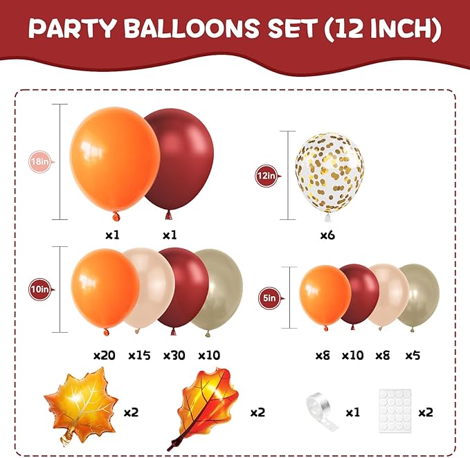 Orange Balloon Arch Kit, Thanksgiving Fall Balloons Garland with Leaf Foil Ballon Burgundy Burnt Orange Baloon for Autumn Birthday Hello Fall Shower Party Decorations