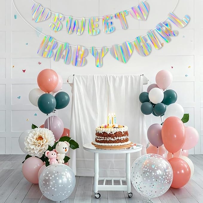 Iridescent Baby Shower Banner for Girl, Pre-Strung Sweet Baby Girl Banner, Holographic Baby Shower Decorations Sign