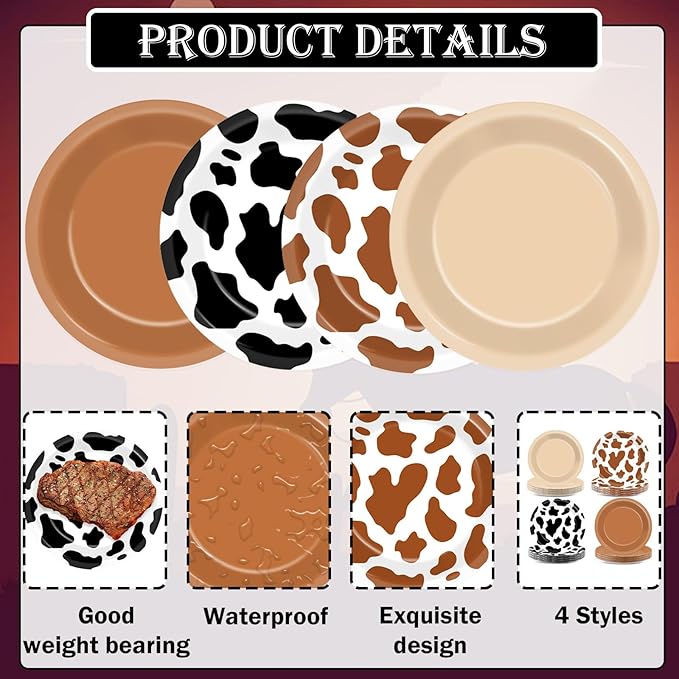 CHUNNIN 48Pcs Western Cowboy Party Paper Plates 7” Cow Print Party Supplies Brown Cowgirl Disposable Dessert Dinner Plates for Western Theme Farm Animal Birthday Baby Shower Farmhouse Party Decoration