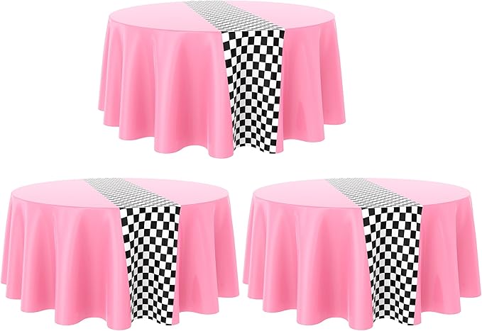 Oudain 6 Pcs Cars Birthday Party Supplies Racing Party Decorations Round Racing Tablecloth Checkered Flag Table Covers Road Plastic Table Cloth, 1950s Disco Dancing Party Tablecloth (Pink)