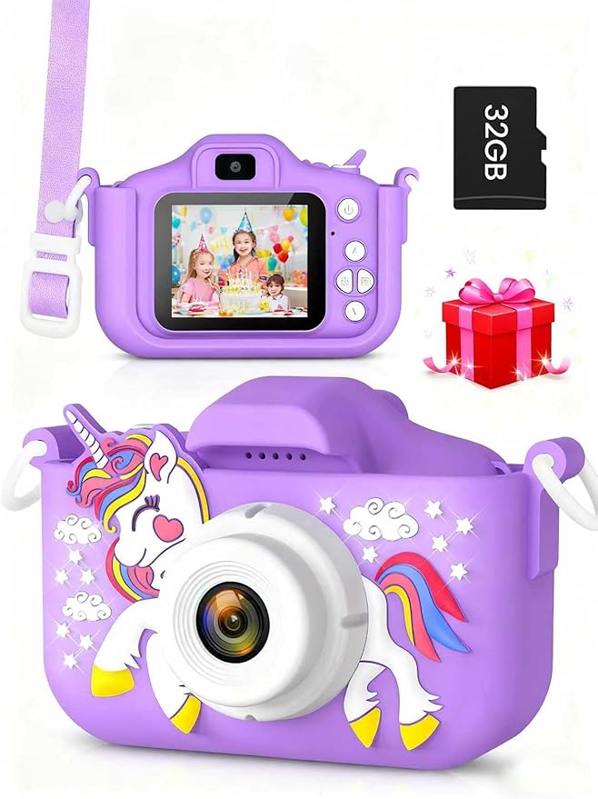 Kids Digital Camera Toy for Boys and Girls Aged 3-12, Unicorn 1080P Children's Camera, Christmas Birthday Gift, Toddler Digital Video Camera for Girls with 32GB SD Card/Reader (Purple)