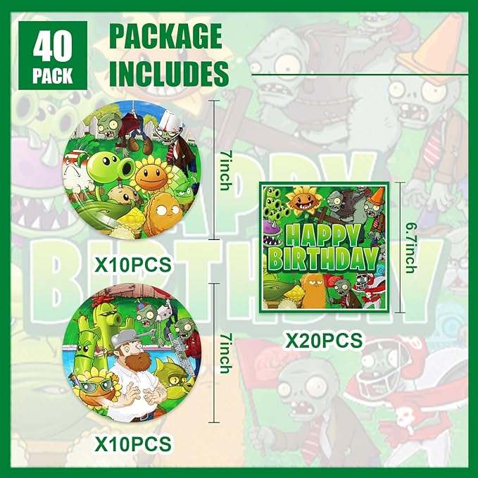 40Pack Plants Zombies Birthday Party Supplies include 20 plates, 20 napkins for Zombies Party Decoration Invitation Cards
