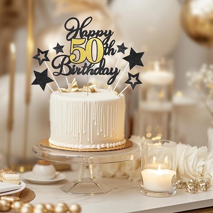 Happy 50th Birthday Cake Toppers, Black Gold Glitter Cake Decorations Set, 50th Birthday Decor for Men Women, Birthday Anniversary Party Decorations Supplies