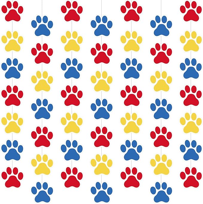Duraaamo 8 Packs Dog Party Banner Decorations red Blue Paw Print Paper Garland Dog Birthday Paper Hanging Cutouts Colorful Paw Banners for Lets Pawty Pet Birthday Party Supplies Decor (Bright Paws)
