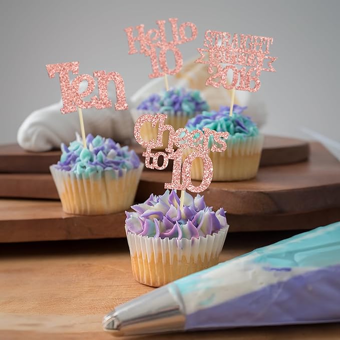 Ephlyn 24Pcs Happy 10th Birthday Cupcake Toppers Glitter Ten Cupcake Picks Hello 10 Cheers to 10 Years Cake Decorations for 10th Birthday Anniversary Party Decorations Supplies Rose Gold