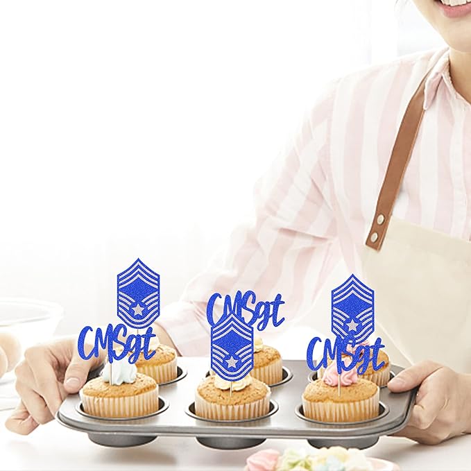 24 Pack Chief Master Sergeant Cupcake Toppers Glitter CMSGT Military Themed Bound Emblem Cupcake Picks for Congrats Retirement Army Navy Theme Birthday Cake Decorations Party Supplies Blue