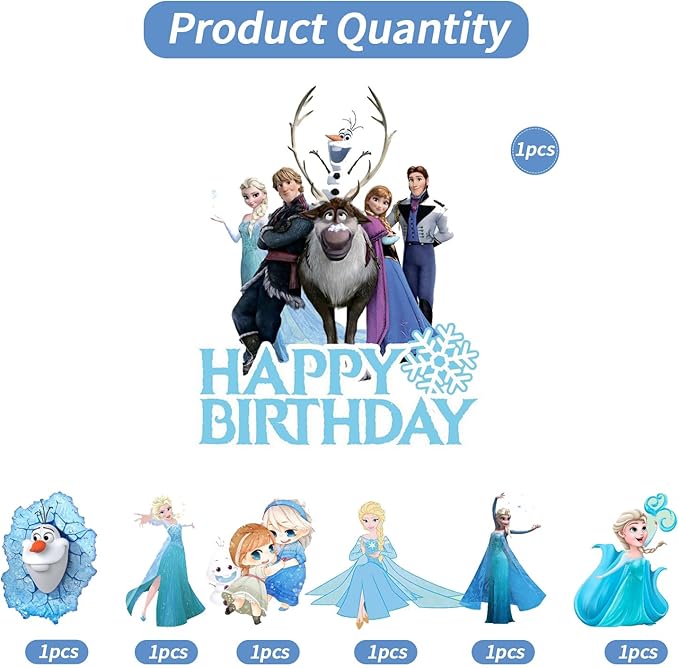 7Pcs Cute Blue Princess Birthday Cake Decorations，1 Large, 6 Small Snow Theme happy Birthday Cake Toppers，For Ice Birthday Party Supplies (E)