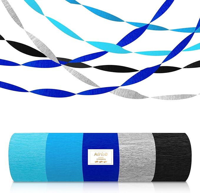 5 Rolls Blue and Black Crepe Paper Streamers - 410ft Total - Light Blue, Royal Blue, Silver, Black Party Decorations for Boys Men Birthday, Baby Shower, Space Theme, Graduation Party Supplies