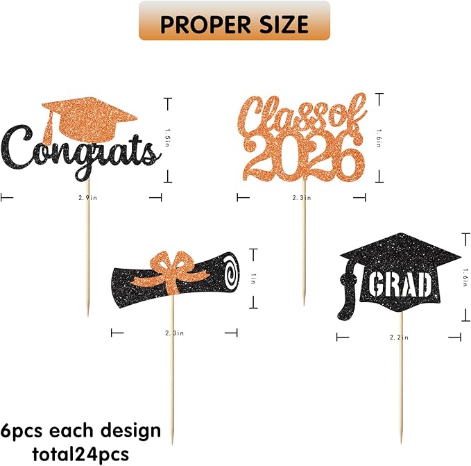 Black and Orange Graduation Cupcake Toppers Decorations Class of 2026 Cupcake Topper Graduation Cup Cake Picks Congrats Grad Party Decor Supplies Set of 24