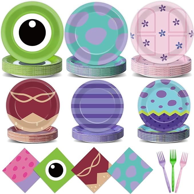 96PCS Monster Birthday Party Plates and Napkins Blue Purple Green Tableware Set Monsters Theme Parties Decor Paper Tableware Set Cartoon Monsters Plates For Monster Themed Baby Shower Party Decoration