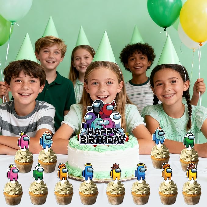 25Pcs Among Game Birthday Party Supplies Pack Includes 1 Cake Topper 24 Cupcake Toppers for Among Game Party Supplies