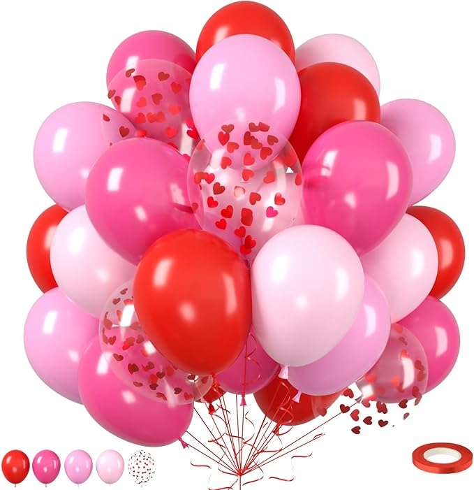 Valentine's Day Balloon, Valentine's Day Party Decoration with Red Hot Pink Balloons Heart Confetti Latex Balloons For Valentine Party Birthday Wedding Bridal Anniversary Engagement Decorations