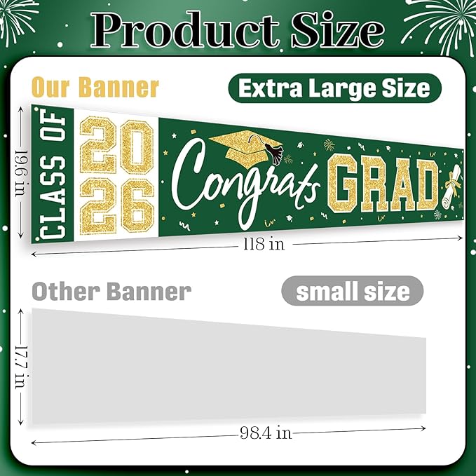 Graduation Banner Class of 2026 - Large Congrats Grad Yard Sign 2026 Green Gold Congrats Grad Banner Fence Yard Sign for Graduation Decorations Party Supplies