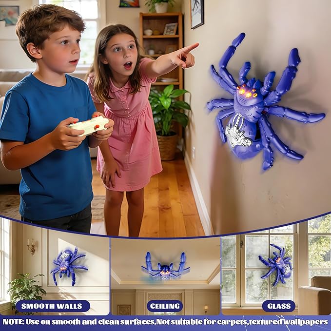 Wall Crawling Spider, Rechargeable Remote Control Robot Toy for Kids with LED Eyes and 360° Stunts, Wall Climbing Funny Prank Toys Birthday Gifts for Boys & Girls Ages 3-5 4-6 7-8 (Blue)