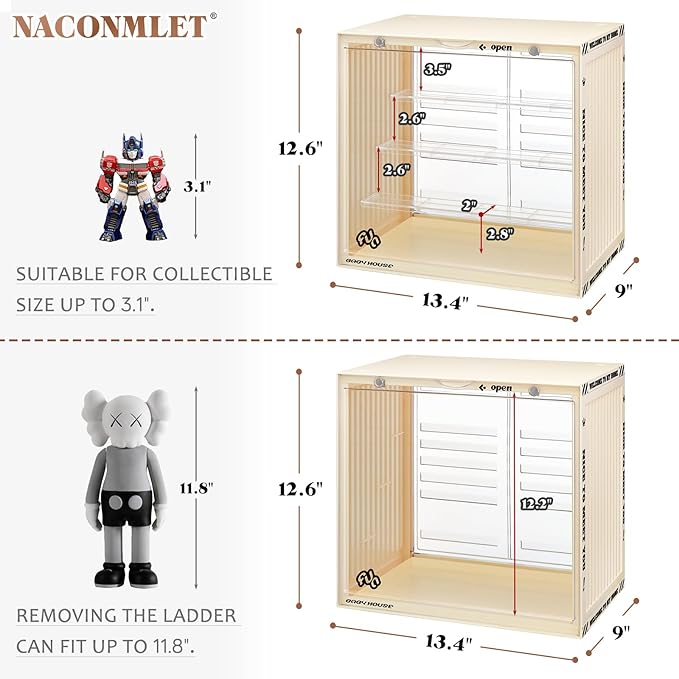 Acrylic Display Case for Action Figures - Stackable Collector Case with LED Lights, Magnetic Door, Detachable Shelves, Dustproof 13.4" x 9" x 12.4" Showcase for Collectibles