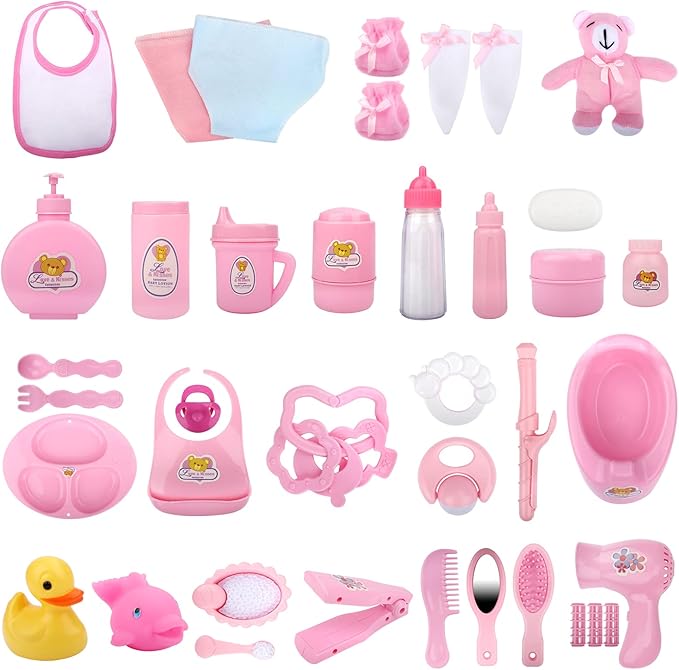 deAO 40 Piece Baby Doll Accessories Bag with Baby Feeding Accessories, Clothes, Doll Bear, Bath Toys, Soother Dummy and Much More - Great Nurturing Pretend Toy for Kids