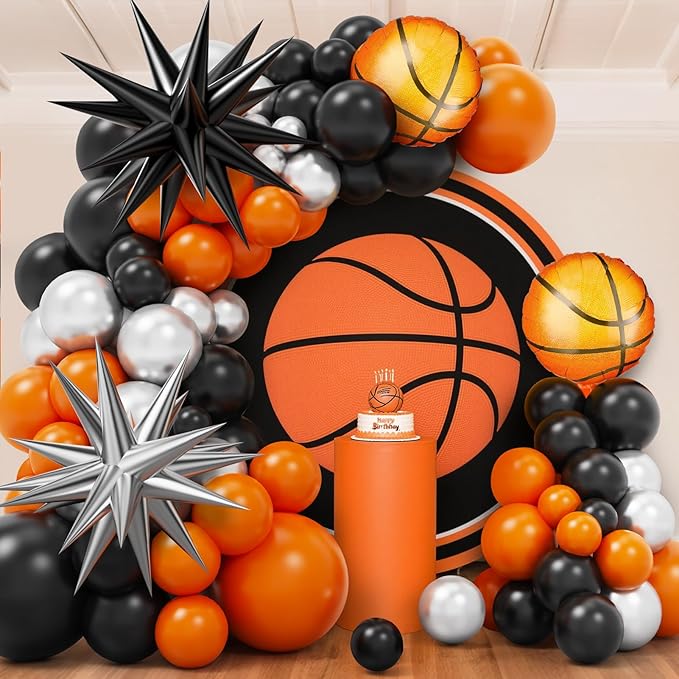 Basketball Balloon Garland Arch Kit, 97Pcs 18 10 5 inch Black Orange Basketball Balloons with 18inch Foil Balloons for Sports Theme Basketballs Party Boys Birthday Decorations