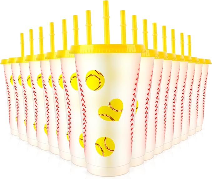 Hxezoc 16 Pieces Softball Plastic Cups Reusable Party Plastic Cups 24 oz Sports Party Gifts for Softball Game Sport Birthday Party Decoration Supplies