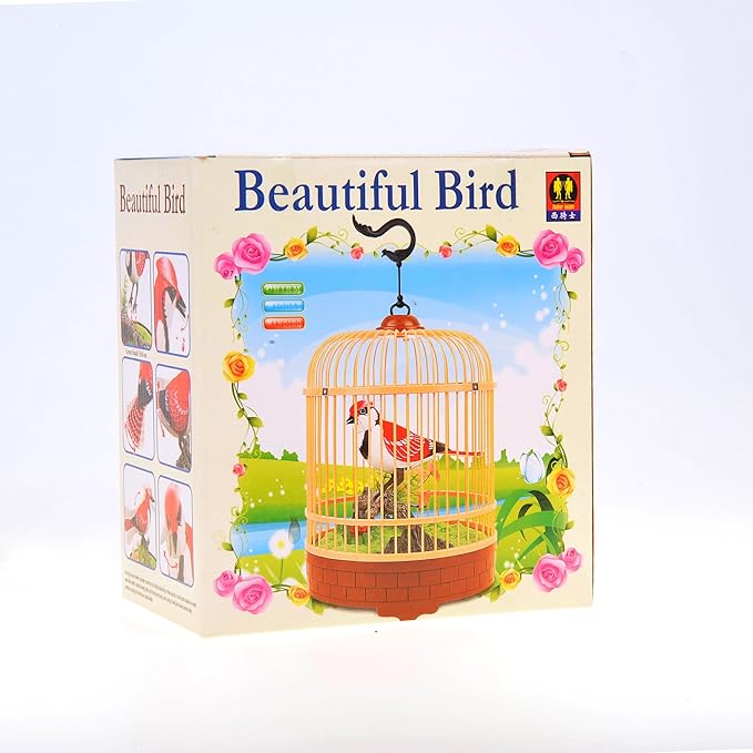 PowerTRC Singing & Chirping Bird in Cage, Realistic Sounds & Movements, Sound Activated, Battery Operated, Great Desk and Room Accessory, Pet Caged Bird Toy (10” x 7”)