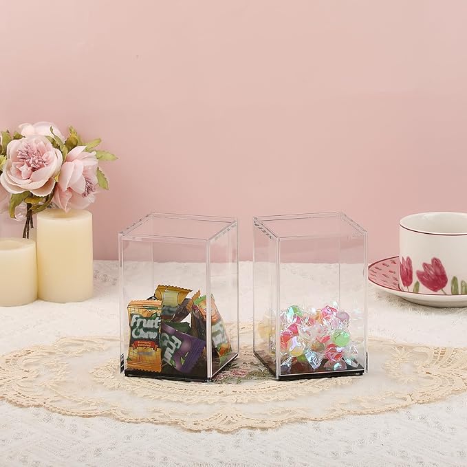 JUXYES Pack of 2 Clear Acrylic Display Case with Sliding Door for Mini Action Figures, Stackable Display Case Cube Small Showcase Free Standing Collectibles Protection Box, Black Bottom