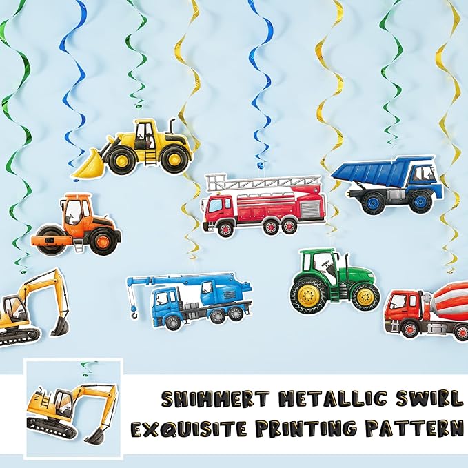 WERNNSAI Construction Hanging Swirls -24 PCS Construction Party Decorations Construction Zone Party Ceiling Swirls Dump Truck Foil Wall Ceiling Streamers for Boys Baby Shower Birthday Party Supplies