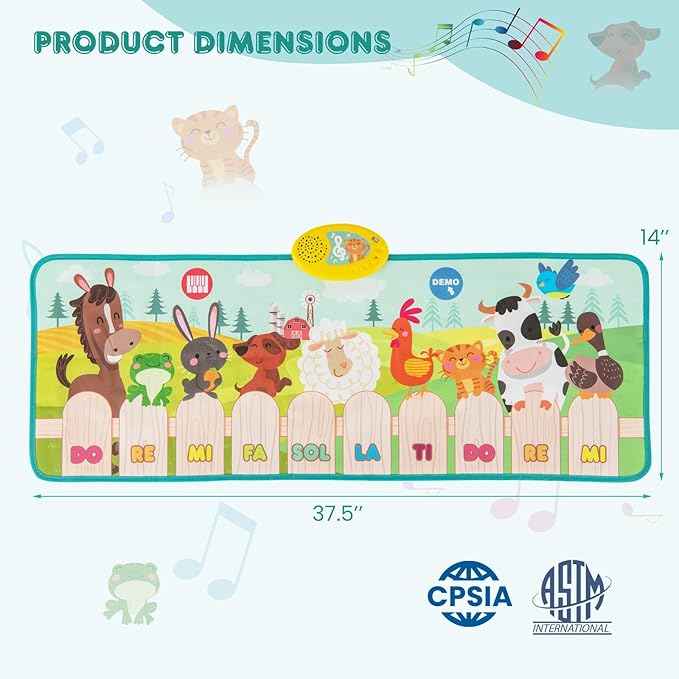 Costzon Floor Piano Mat for Toddlers, Musical Touch Playmat Keyboard Dance Mat, 10 Animal Sounds, 10 Keys & 10 Built-in Songs, Kids Sensory Educational Toy Birthday Gift for Boys Girls (37.5” x 14”)