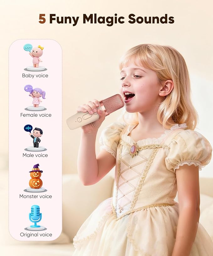 Mini Karaoke Machine Toy for Kids, Portable Karaoke Machine with 2 Wireless Microphone for 4,5,6,7,8,9,10,11,12+ Years Old Christmas Birthday Gifts Girls Boys (Beige)