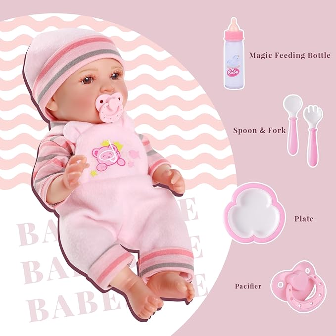 BABESIDE Baby Doll Girl - 12-Inch Realistic Baby Dolls with Magic Feeding Bottle Real Life Vinyl Toy Gift for 3+ 4 5 6 Years, Ideal for Birthday, Pretend Play, Christmas