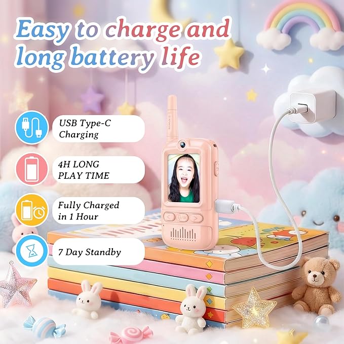 Video Walkie Talkies for Kids Rechargeable Walkie Talkies Long Range with Emoji Chat and Photo Functions Multifunctional Indoor Outdoor Toys for Kids Christmas Birthday Gifts (Pink)