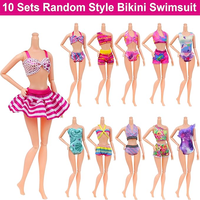 Ecore Fun 35 PCS Doll Clothes Swimwear Beach Bathing Kit Including 10 Bikini Swimsuit 2 Swimming Ring 4 Fashion Glasses 10 Pairs Shoes 1 Surf Skateboard 8 Doll Accessories for 11.5 Inch Doll