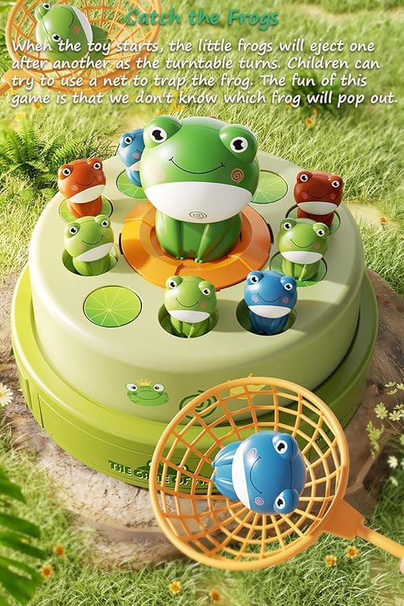 Miracland Electric Turntable Bouncing Frog Toy Set - Interactive Pop-up Game with Music & Lights, Kids Focus Training, Family Catch Activity