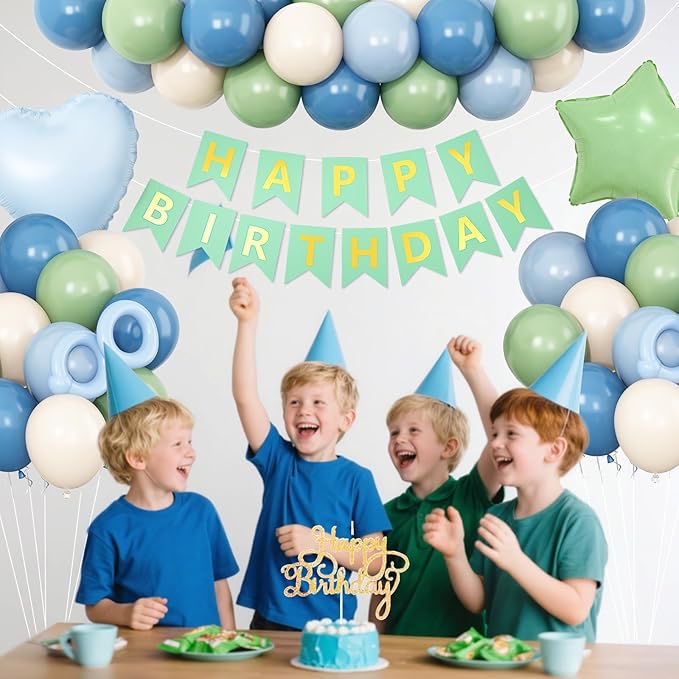 Blue and Green Birthday Decorations,Dusty Blue Sage Green Balloons Banner Star Heart Foil Balloon for Boys Girls Birthday Wedding Baby Bridal Shower Jungle Party Decorations