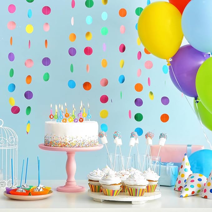 RUBFAC 5pcs Colorful Paper Garland Party Decorations Circle Dots Hanging Rainbow Decorations for Birthday Wedding Baby Shower Classroom Candyland Streamers Party Supplies (66ft)