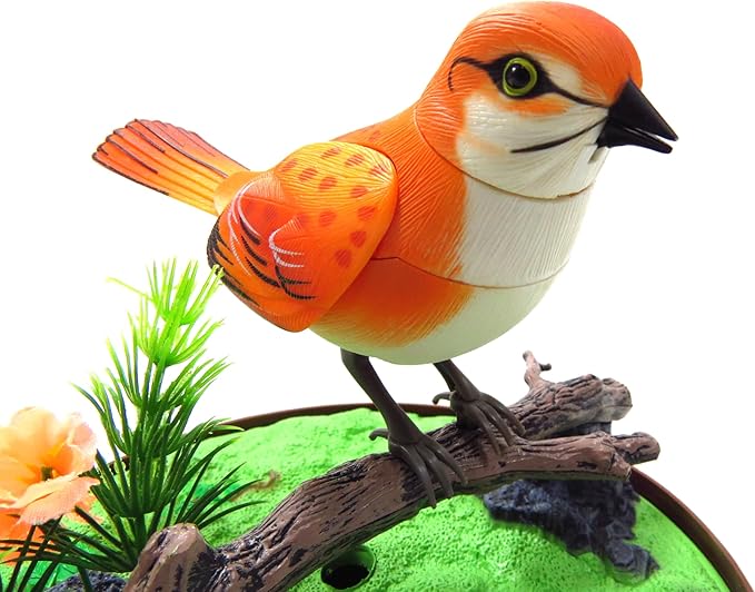 PowerTRC Singing & Chirping Bird in Cage, Realistic Sounds & Movements, Sound Activated, Battery Operated, Great Desk and Room Accessory, Pet Caged Bird Toy (10” x 7”)