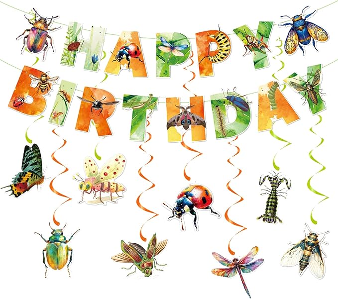 Zwiebeco Multicolored Insect Happy Birthday Banner Bunting Hanging Paper Swirls Garland Party Decorations for Boys Girls Kids Baby Shower Spring Summer Themed Bday Decor Accessories Supplies