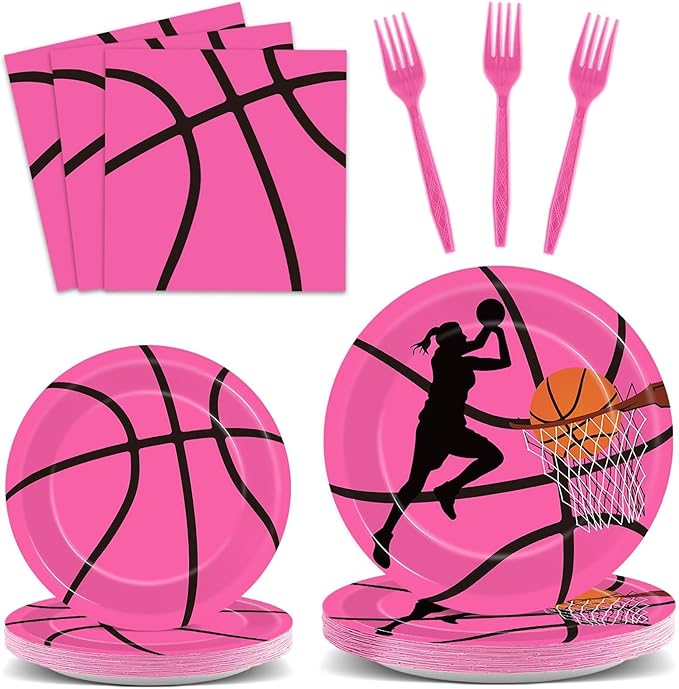 gisgfim 96 Pcs Pink Basketball Party Supplies Paper Plates Napkins Basketball Sport Theme Birthday Party Tableware Decorations Favors for Girls Kids Serves 24