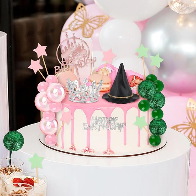 33 Pieces Pink and Green Cake Decorations with Mini Black Witch Hat, Silver Crown, Balloons, Happy Birthday Cake Topper for Girls Women Princess Witch Birthday Party Decorations Supplies