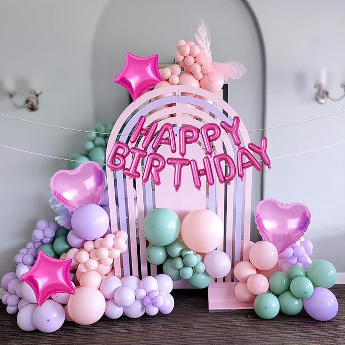 29PC Pink Purple Happy Birthday Balloon Banner, 16Inch 3D Aluminum Letter Banner Sign, Purple Hot Pink Teal Blue Confetti Balloons 18 Inch Heart Star Foil Balloon for Women Party Supply