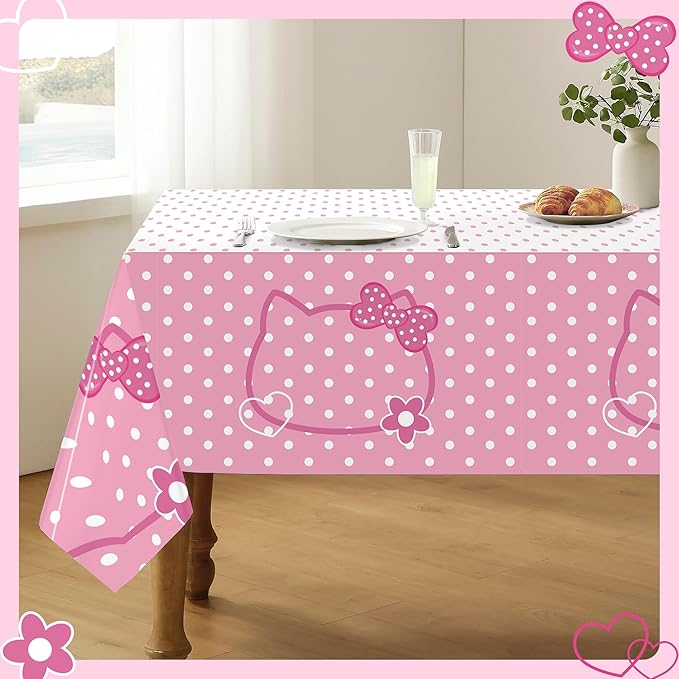 3CT Pink Bow Kittens Party Supplies Tablecover, Cute Kitten Dot Tablecloth, Rectangle Disposable 54×108in White Pink Stainproof Party Decor for Girls’Birthday, Baby Shower, Wedding, Bachelor