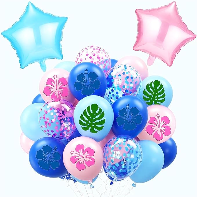 Blue Pink Light Blue Balloon 54Pcs 12 Inch，Cute Print Balloons for Cartoon Themed Birthday Party Decorations Boys Girls Hawaiian Gatherings Party Supplies