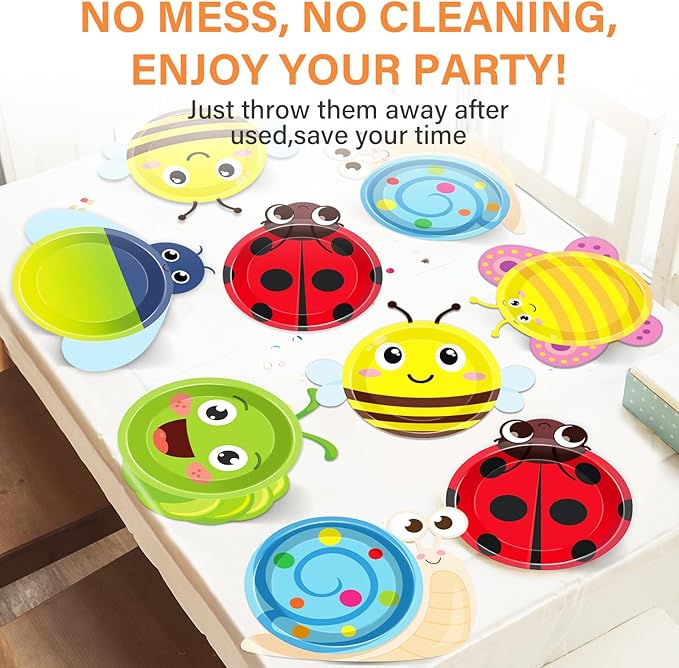 60Pcs Spring Bug Birthday Party Decorations Ladybugs Bee Butterfly Reptile Paper Plates Insect Tableware Dinnerware Set Bug Dessert Plates for Spring Summer Birthday Party Baby Shower Favors Supplies