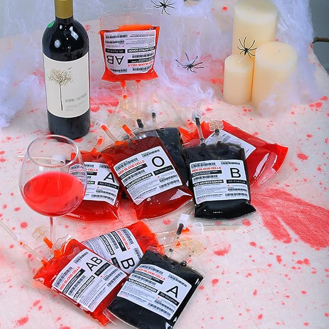 meowtastic Blood Bags for Drinks for Halloween Party Decorations, Reusable Halloween Blood Bag Drink Pouches with Syringe, IV Bags for Drinks, Vampire Nurse Graduation Decoration Supplies, Pack of 10