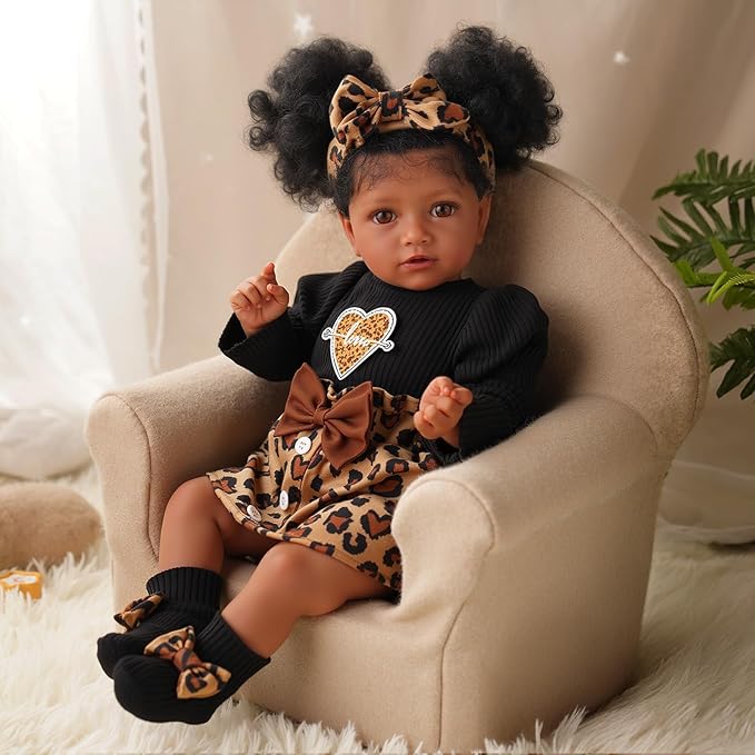 BABESIDE 5-Piece Reborn Baby Doll Clothes Set Fits 17-22 Inch Dolls with Leopard Dress, Headband, Coat, Baby Doll Reusable Diaper and Socks,Pretend Play Gift for Girls Kids Birthday Christmas
